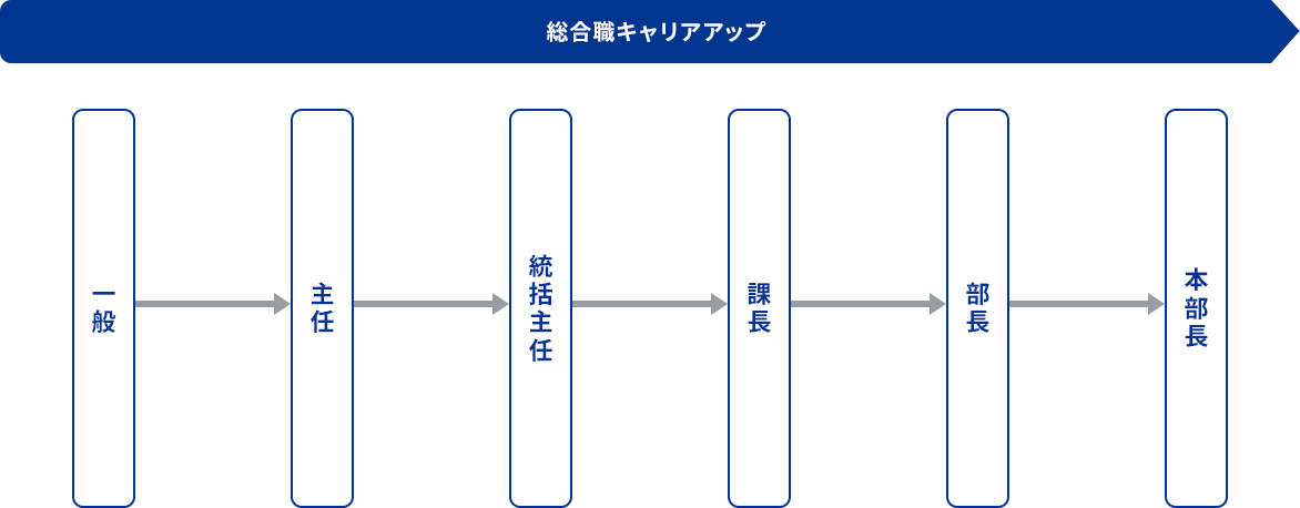 総合職キャリアアップ　1年目に一般→主任、2年目に主任→統括主任→課長、2年目から3年目にかけて課長→部長、3年目に部長→本部長→執行役員