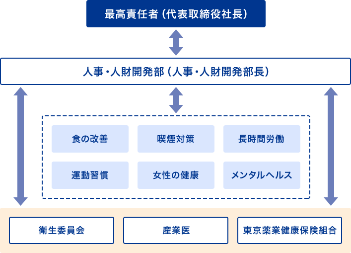 代表取締役社長を最高責任者として、人事・人財開発部（人事・人財開発部長）を中心に各分野（衛生委員会、産業医、東京薬業健康保険組合）の責任者が健康経営（食の改善、喫煙対策、長時間労働、運動習慣、女性の健康、メンタルヘルス）に関する方針の策定や決定・進捗の管理を行う